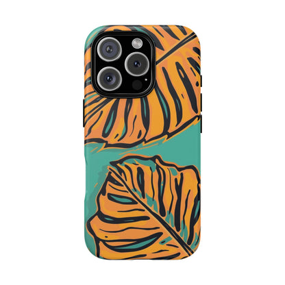 Tropical Leaf Tough Phone Case — Orange Monstera Design on Teal