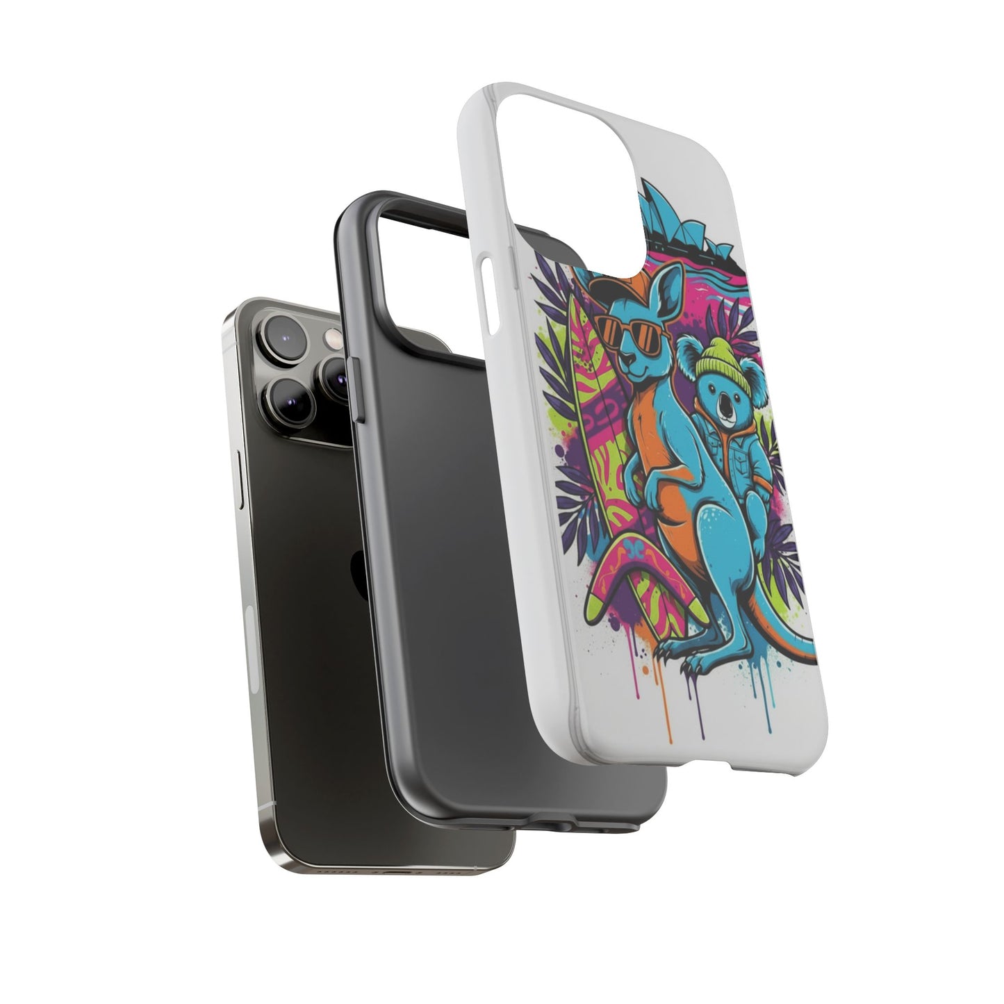 Kangaroo & Koala Surf Phone Case — Retro Neon Beach Art Tough Case