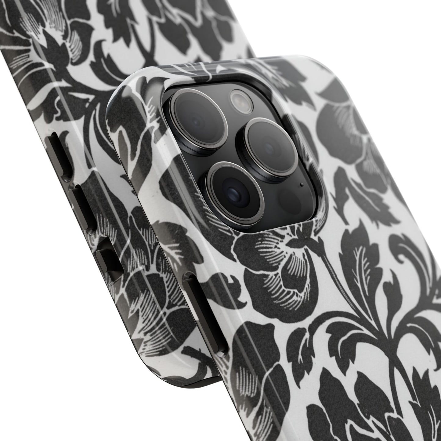 Tough Phone Case — Black & White Vintage Floral Protective Cover
