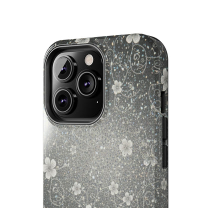 Floral Sparkle Tough Phone Case — Black & Silver Vintage Blossom