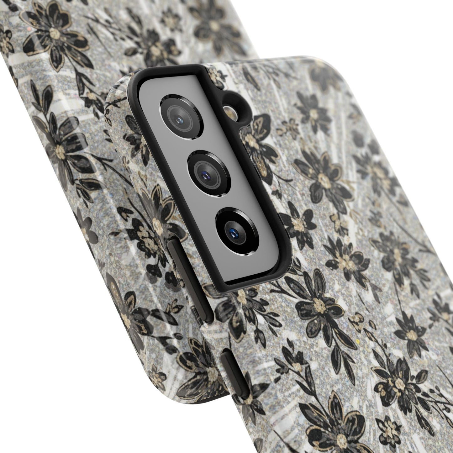 Floral Vintage Tough Phone Case — Black & Gray Rustic Flower Protective Case