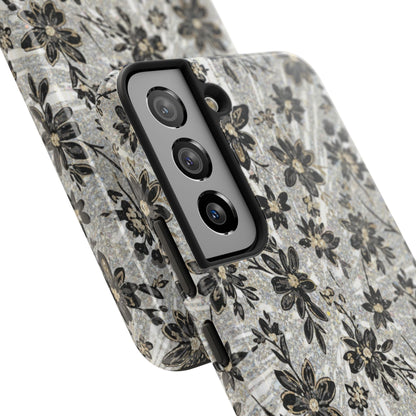 Floral Vintage Tough Phone Case — Black & Gray Rustic Flower Protective Case