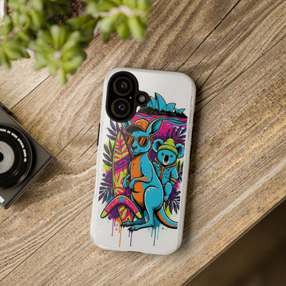 Kangaroo & Koala Surf Phone Case — Retro Neon Beach Art Tough Case