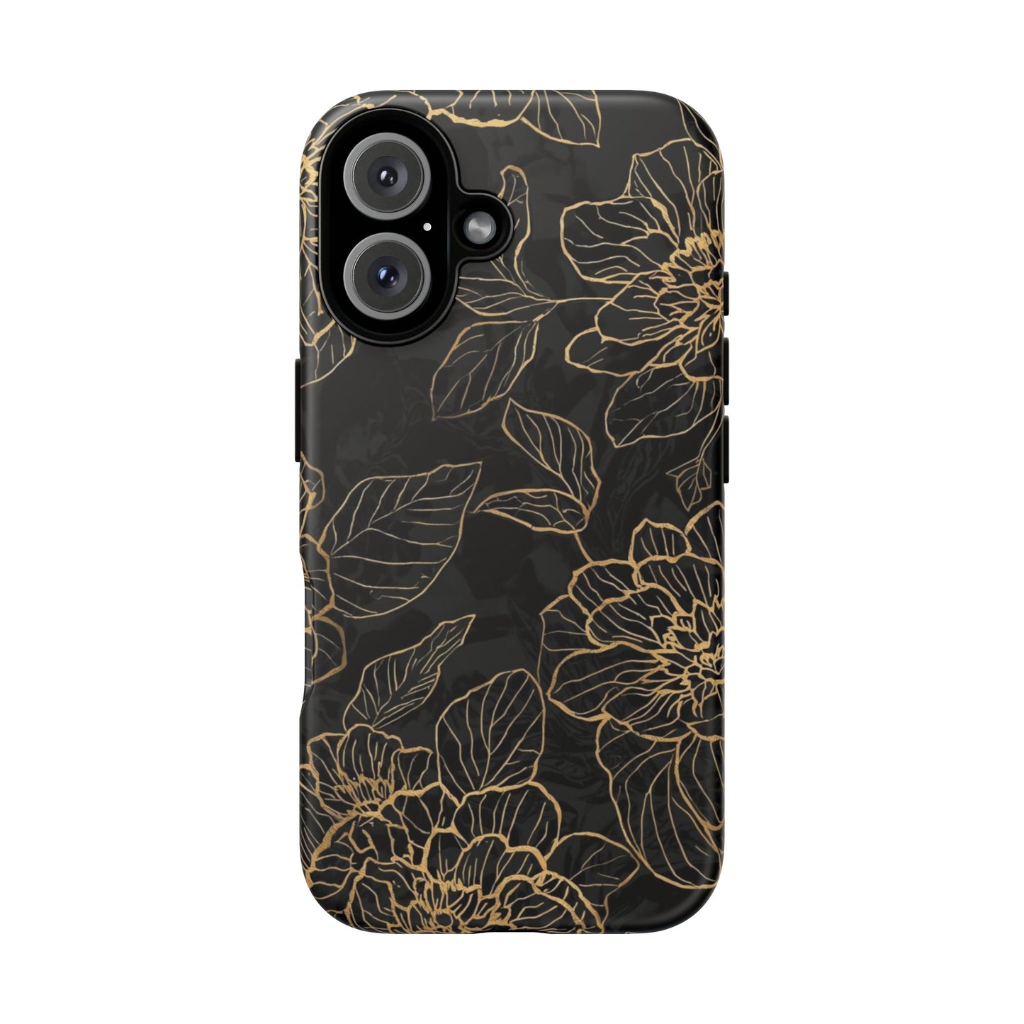 Floral Gold Outline Tough Phone Case – Black Botanical Protective Cover