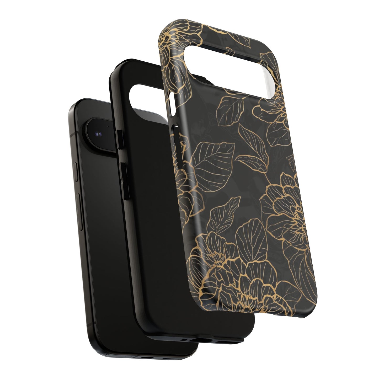 Floral Gold Outline Tough Phone Case – Black Botanical Protective Cover