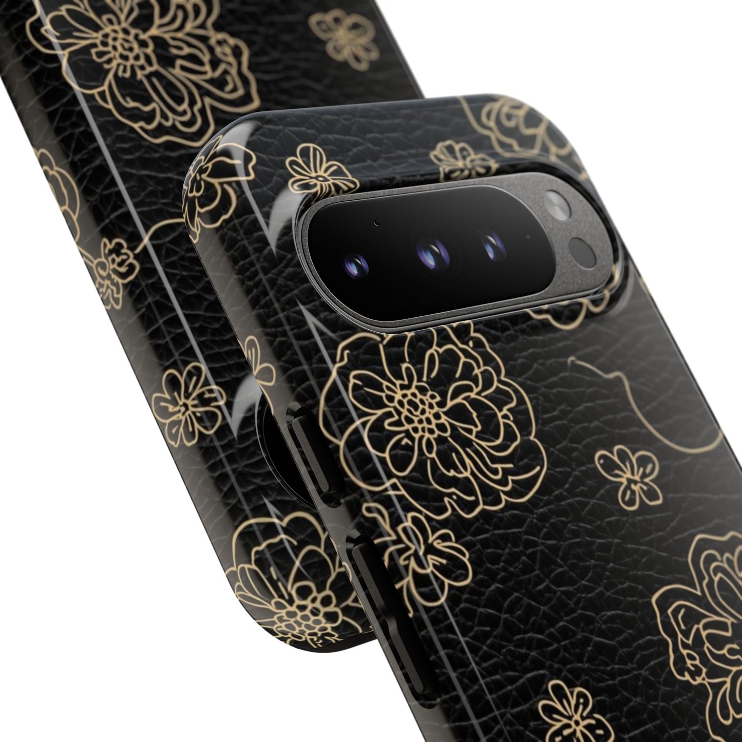 Floral Leather-Texture Tough Case – Black Gold Outline Phone Cover