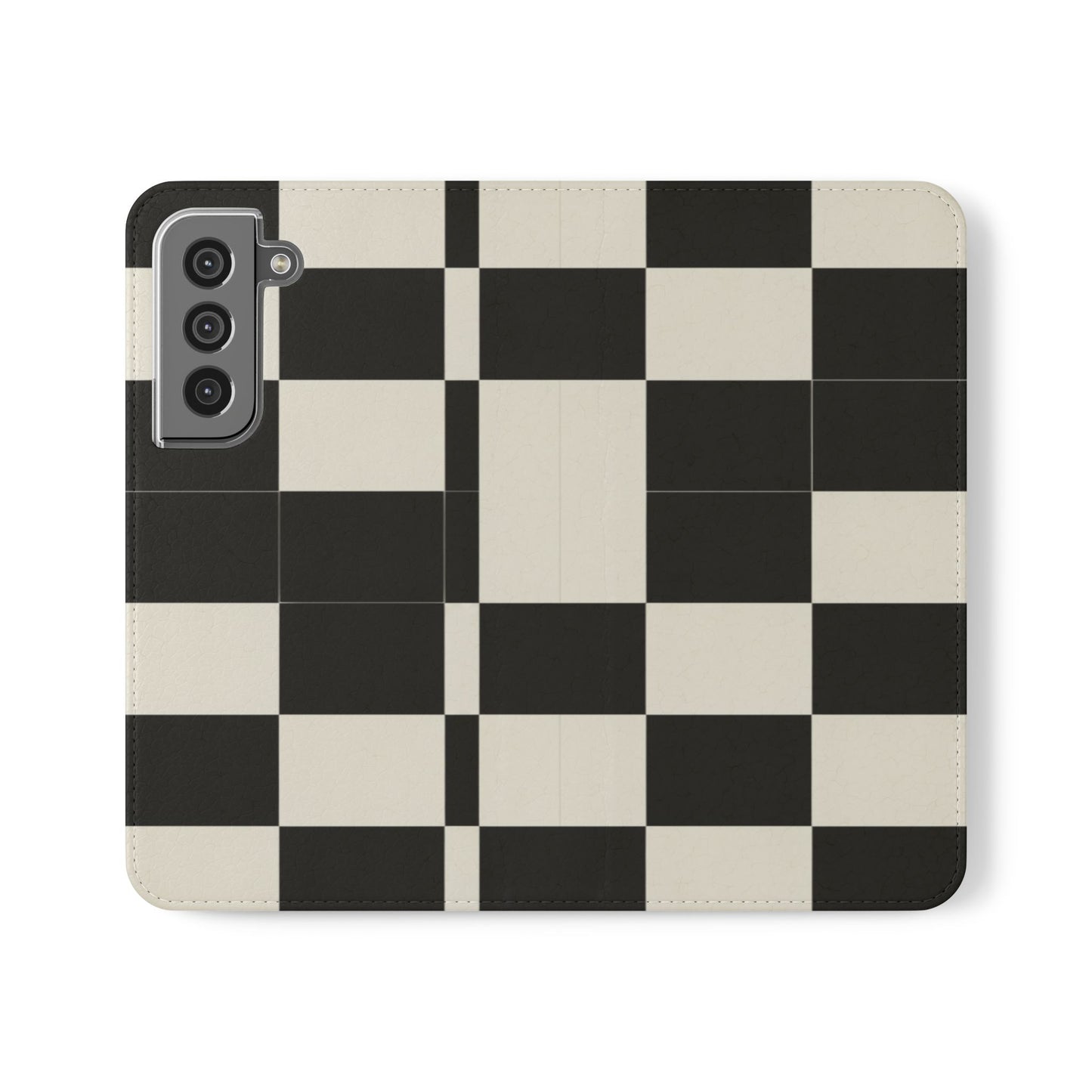 Checkered Flip Phone Case – Black & Cream Retro Grid Wallet Case