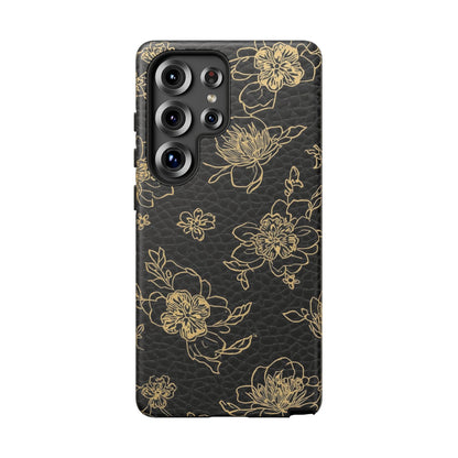 Floral Leather Phone Case — Gold Outline Flowers on Black Tough Case