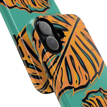 Tropical Leaf Tough Phone Case — Orange Monstera Design on Teal