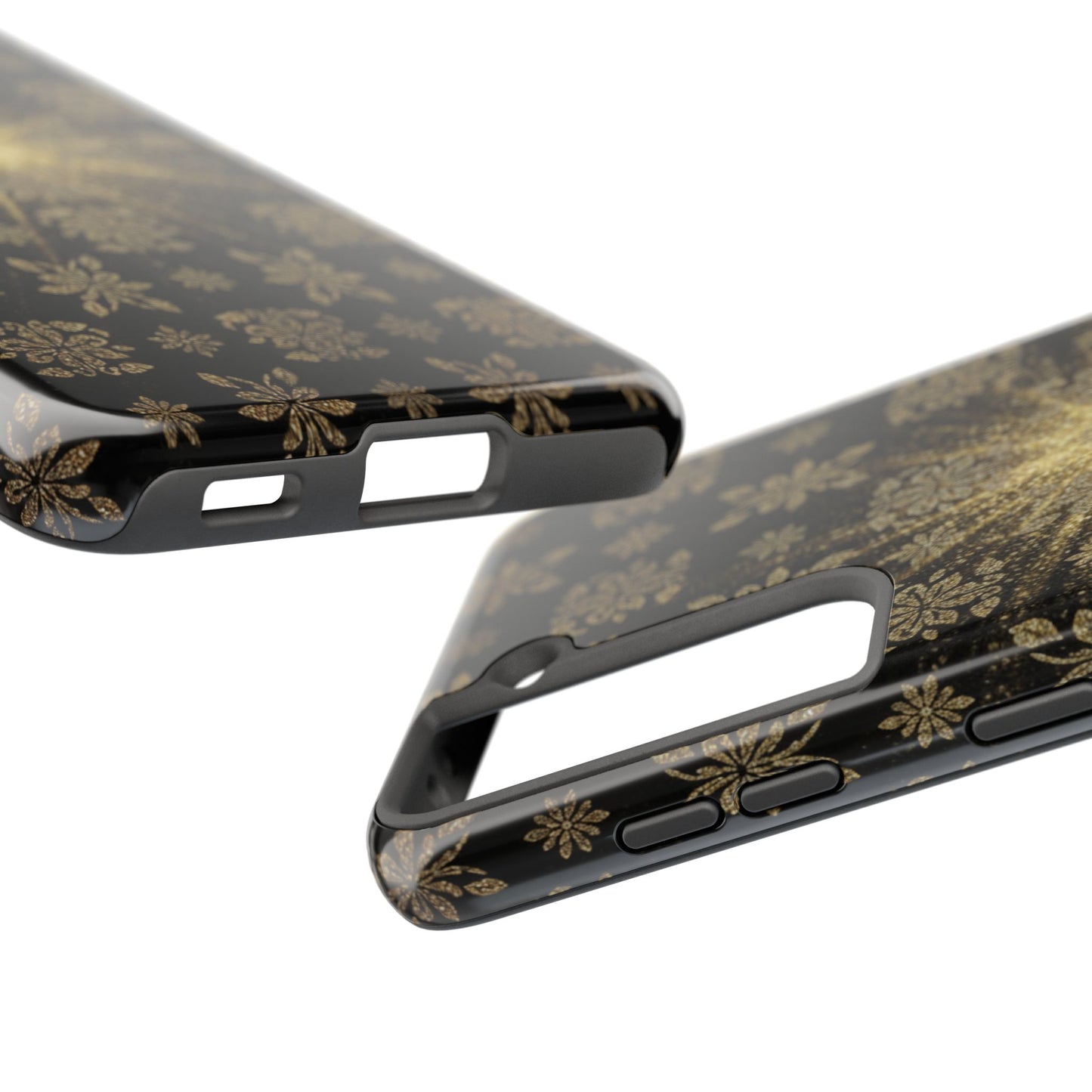 Glitter Burst Tough Phone Case — Black & Gold Floral Protective Cover