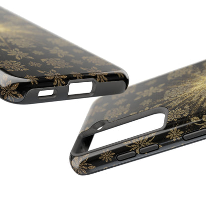 Glitter Burst Tough Phone Case — Black & Gold Floral Protective Cover