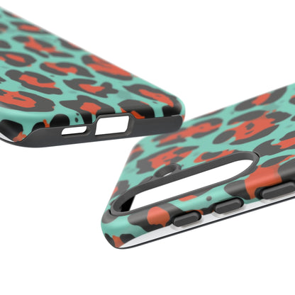 Leopard Print Tough Phone Case — Teal & Rust Protective iPhone Cover