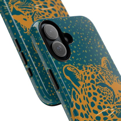Leopard Print Tough Phone Case — Gold Panther on Teal, Protective iPhone Cover