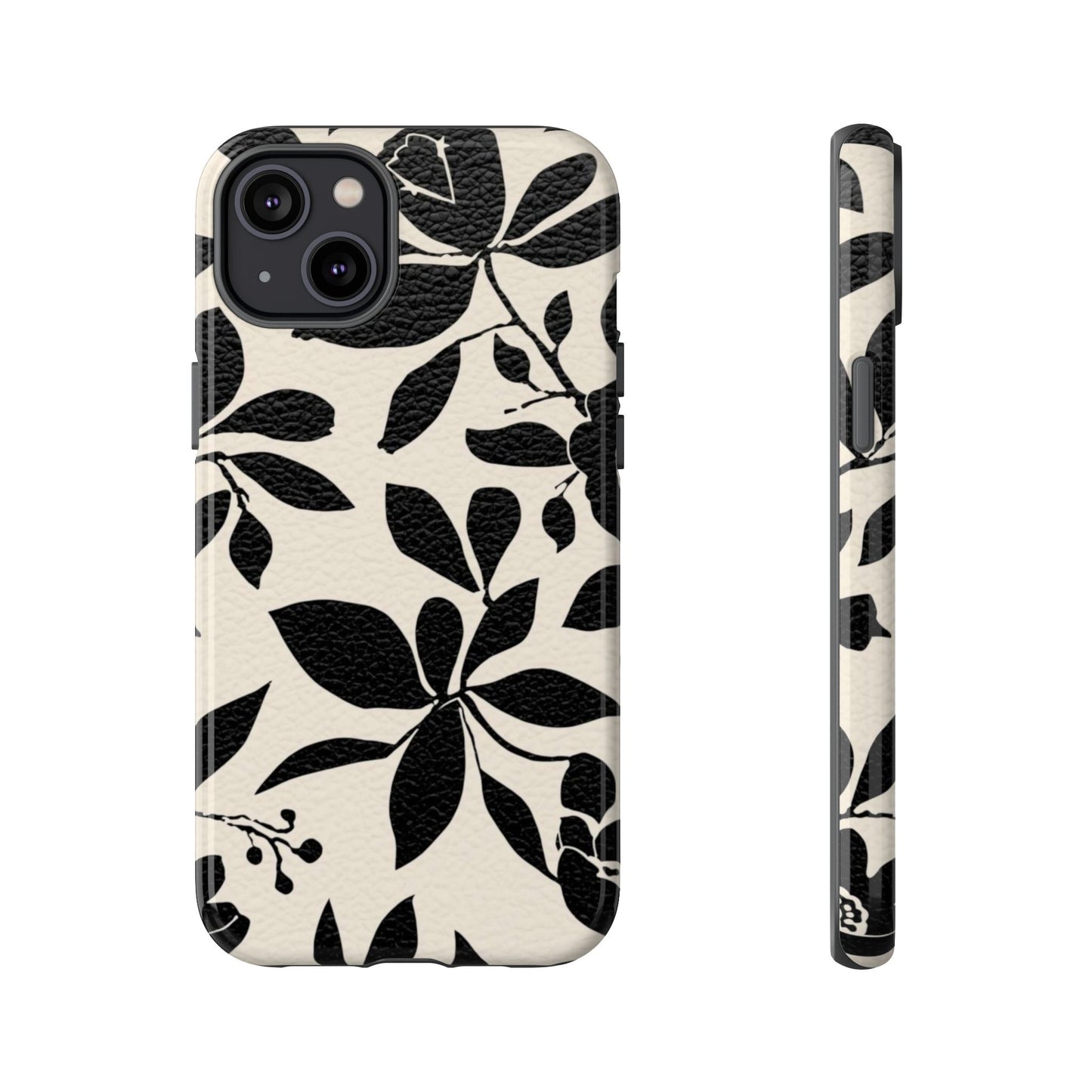 Black Floral Pattern Phone Case — Monochrome Botanical Tough Case
