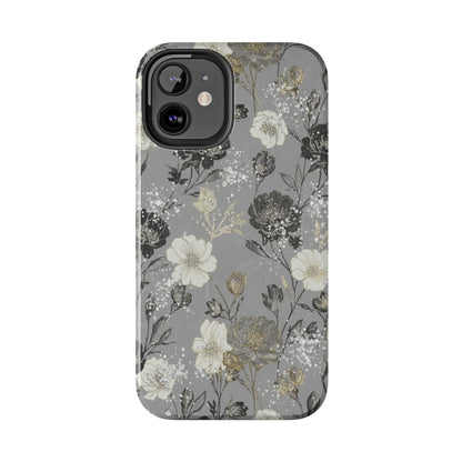 Floral Gray Tough Phone Case — Elegant Protective Phone Cover with Gold Accent