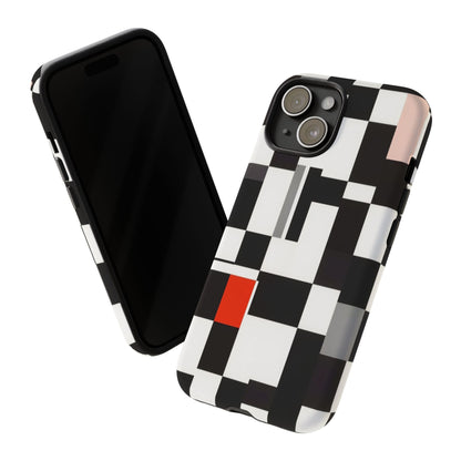 Abstract Geometric Phone Case – Black & White Checker Grid with Red Accent
