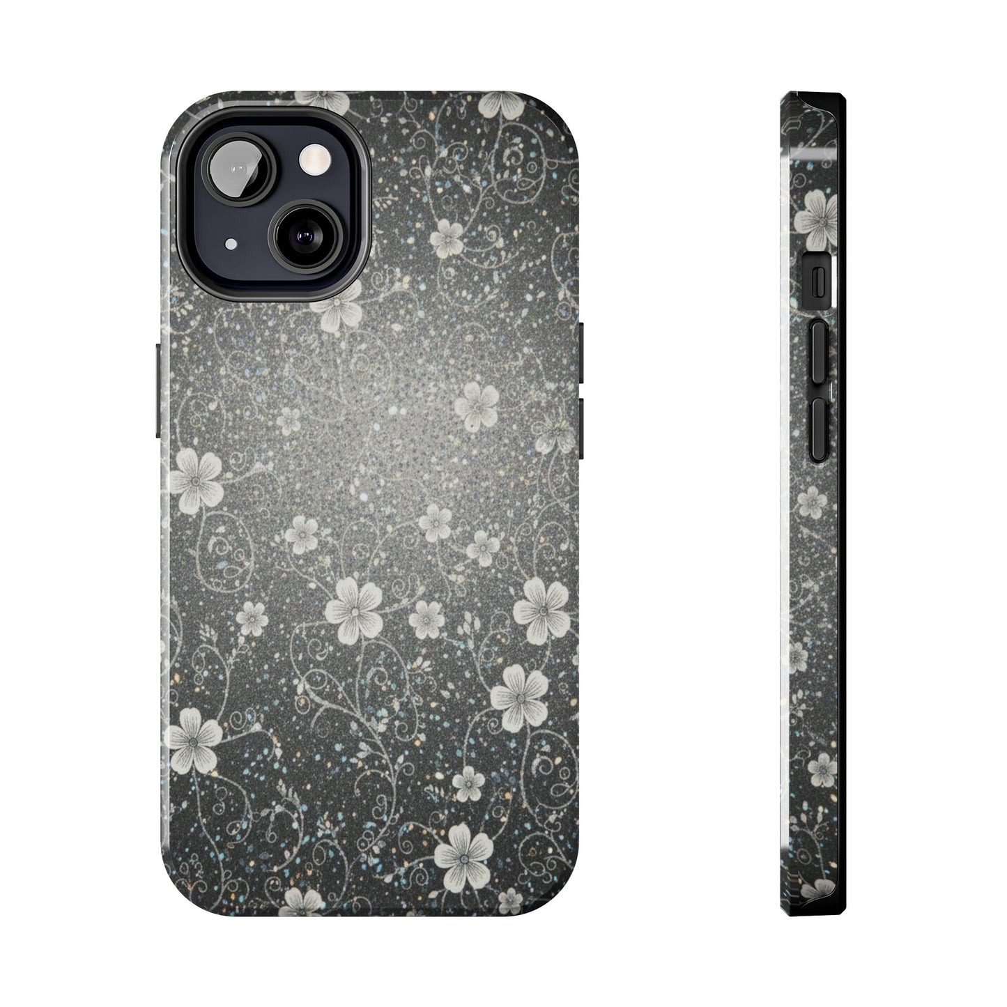 Floral Sparkle Tough Phone Case — Black & Silver Vintage Blossom