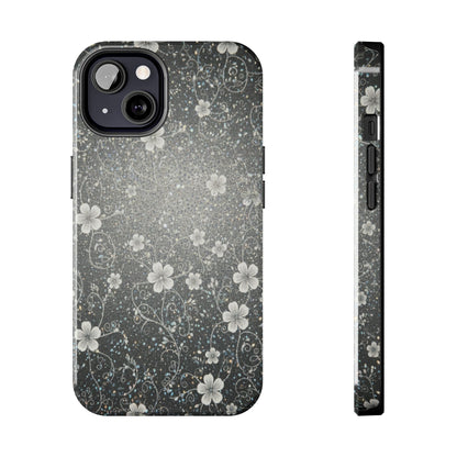 Floral Sparkle Tough Phone Case — Black & Silver Vintage Blossom