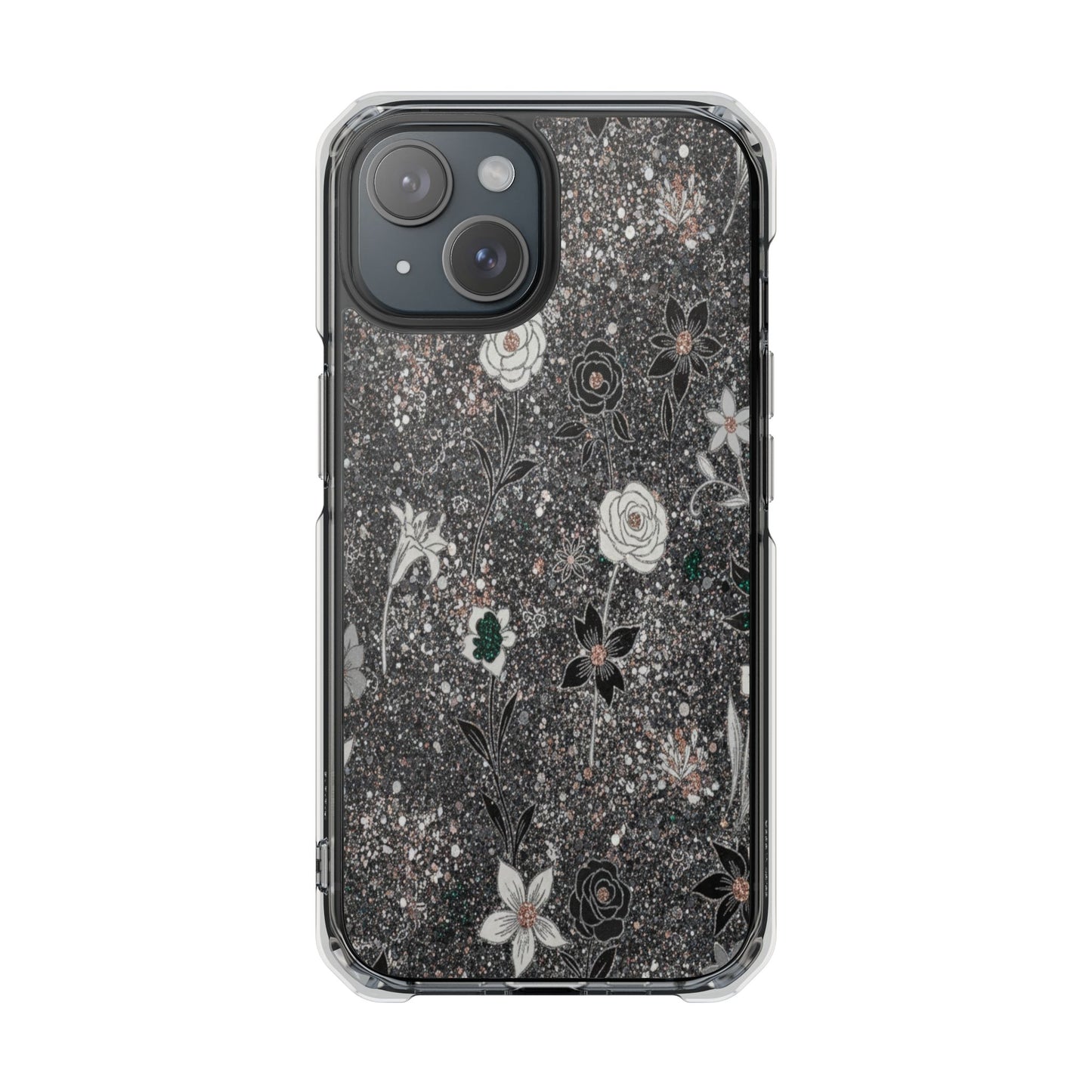 Clear Floral Glitter Magnetic Phone Case — Protective Impact Case with Rose & Daisy Design