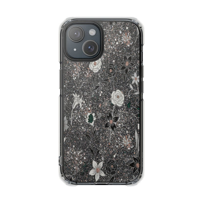 Clear Floral Glitter Magnetic Phone Case — Protective Impact Case with Rose & Daisy Design