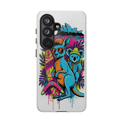 Kangaroo & Koala Surf Phone Case — Retro Neon Beach Art Tough Case