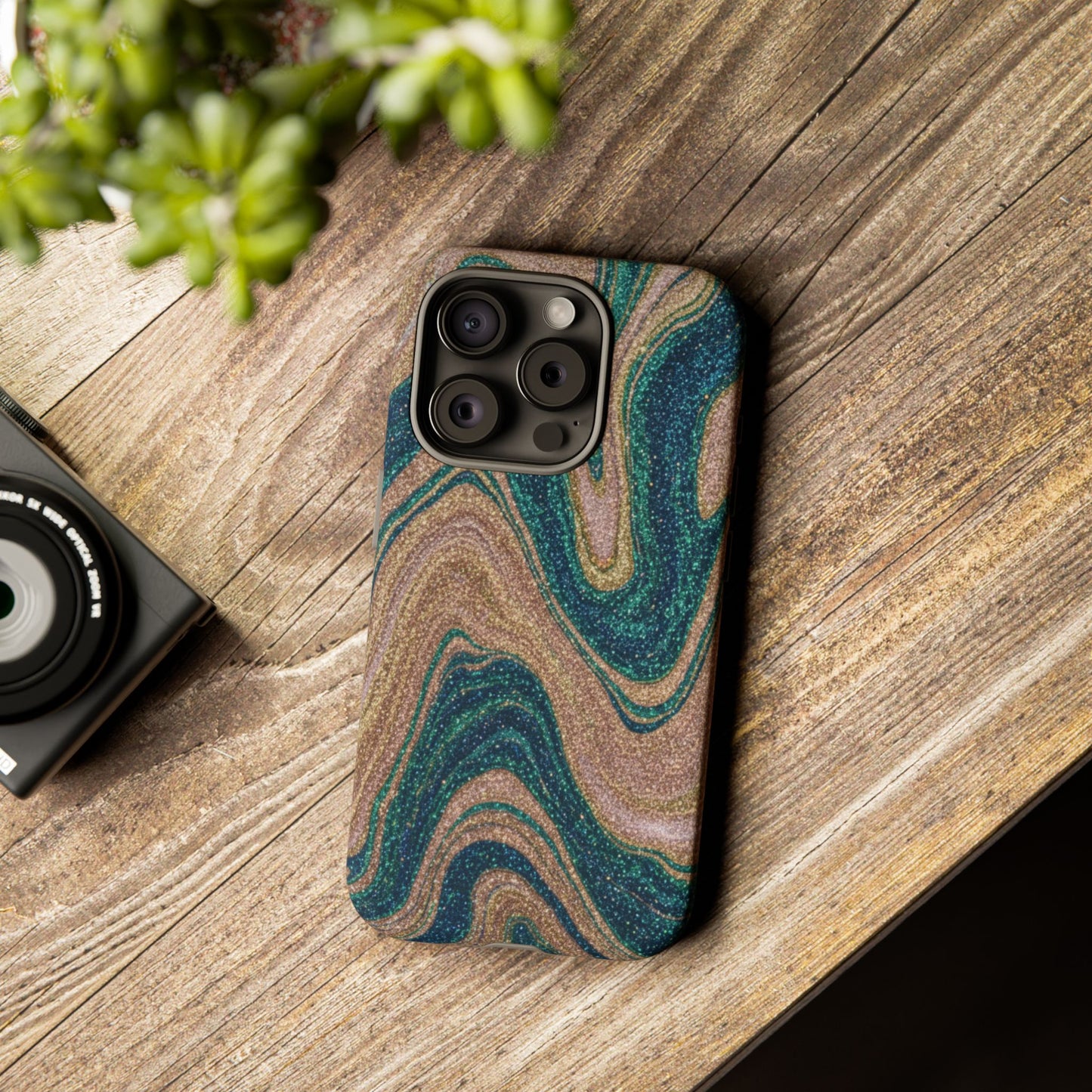 Marbled Teal & Gold Phone Case — Glitter Swirl Tough Case