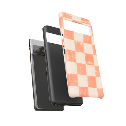 Peach Checkerboard Tough Phone Case — Retro Distressed Grid Design