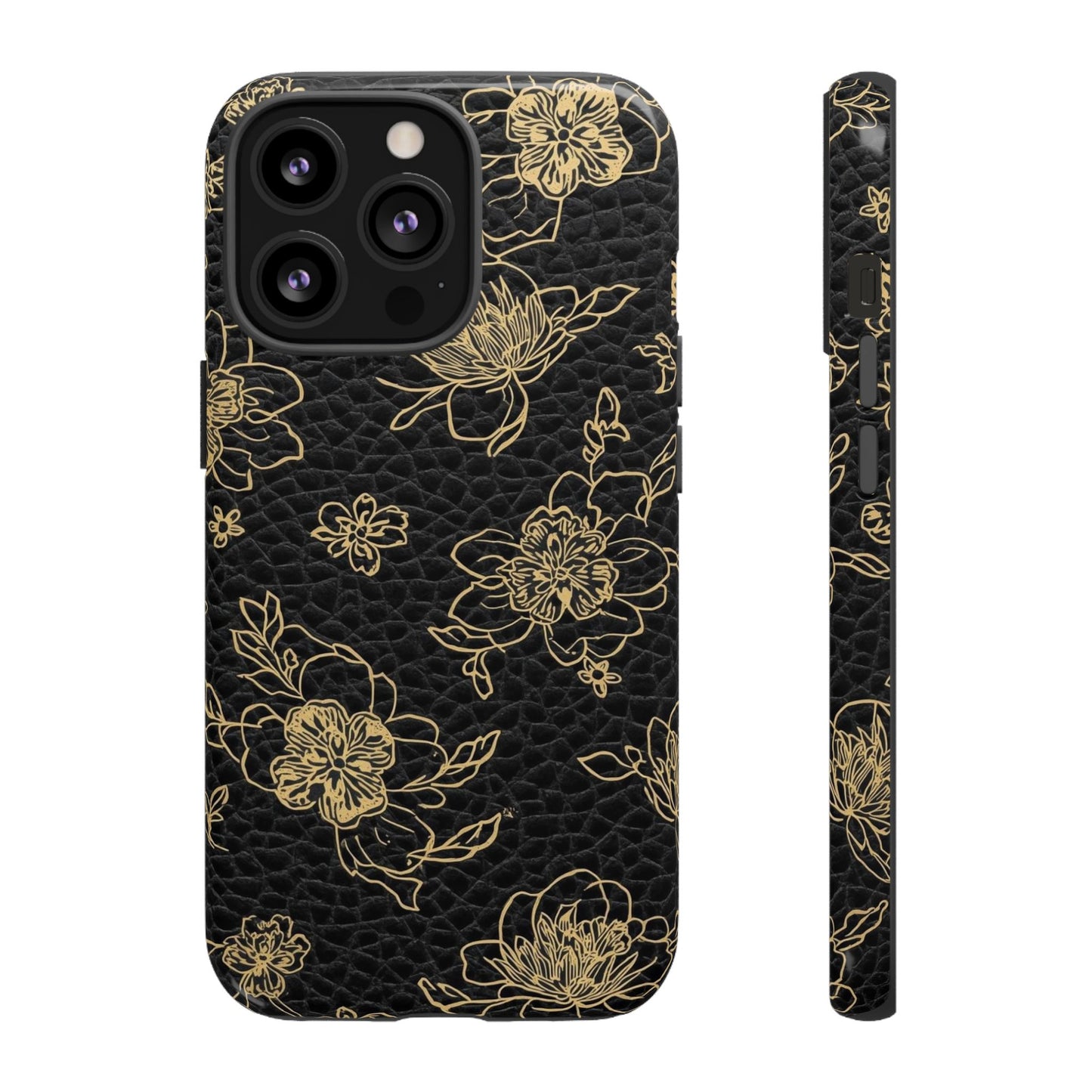 Floral Leather Phone Case — Gold Outline Flowers on Black Tough Case