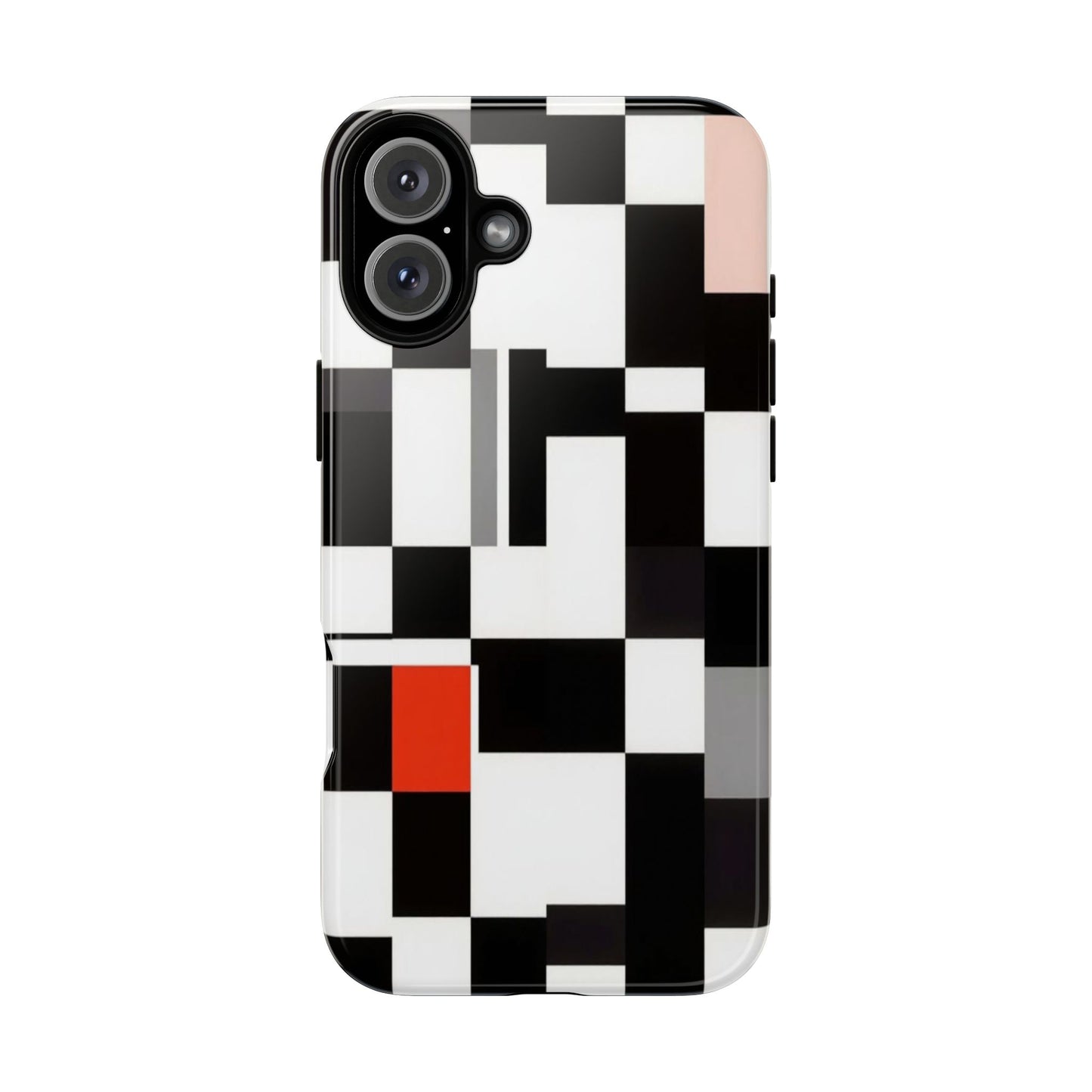 Abstract Geometric Phone Case – Black & White Checker Grid with Red Accent