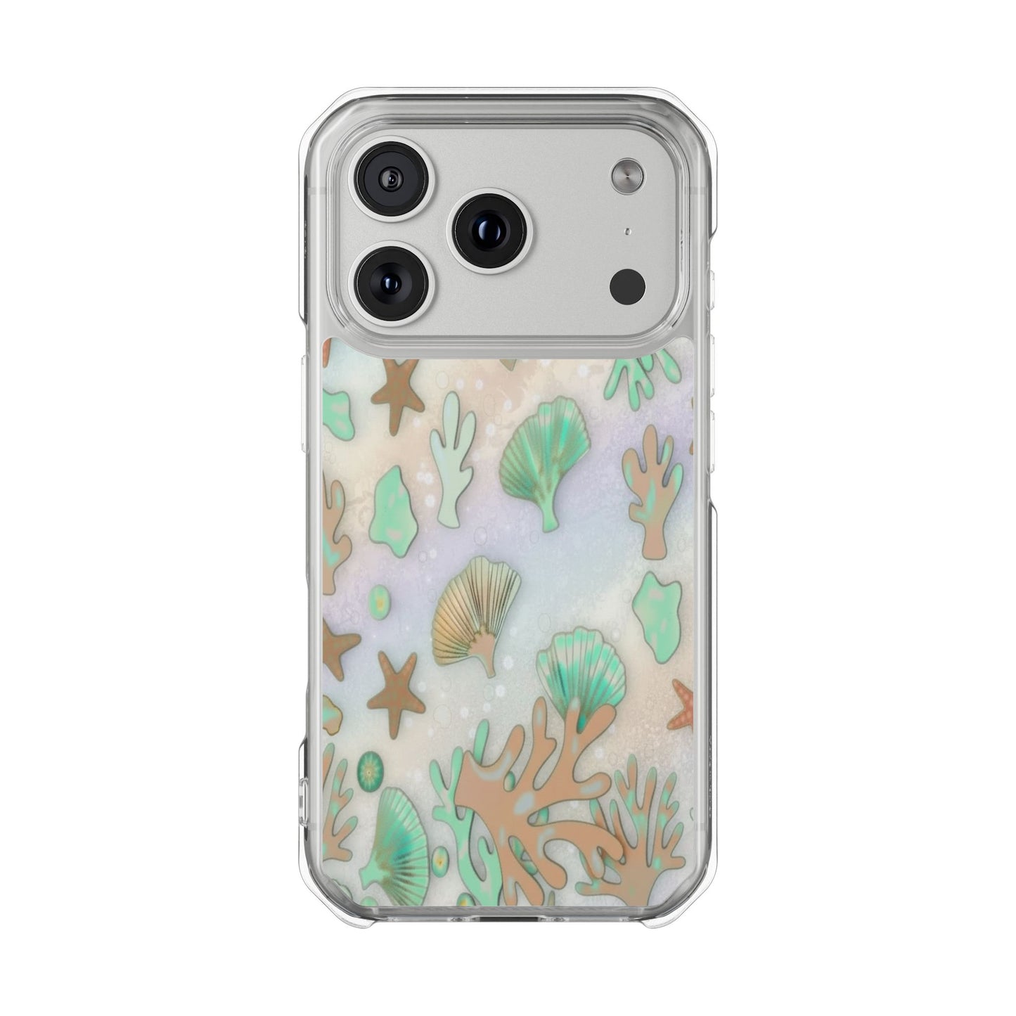 Clear Magnetic Phone Case — Iridescent Ocean Shells & Coral Design