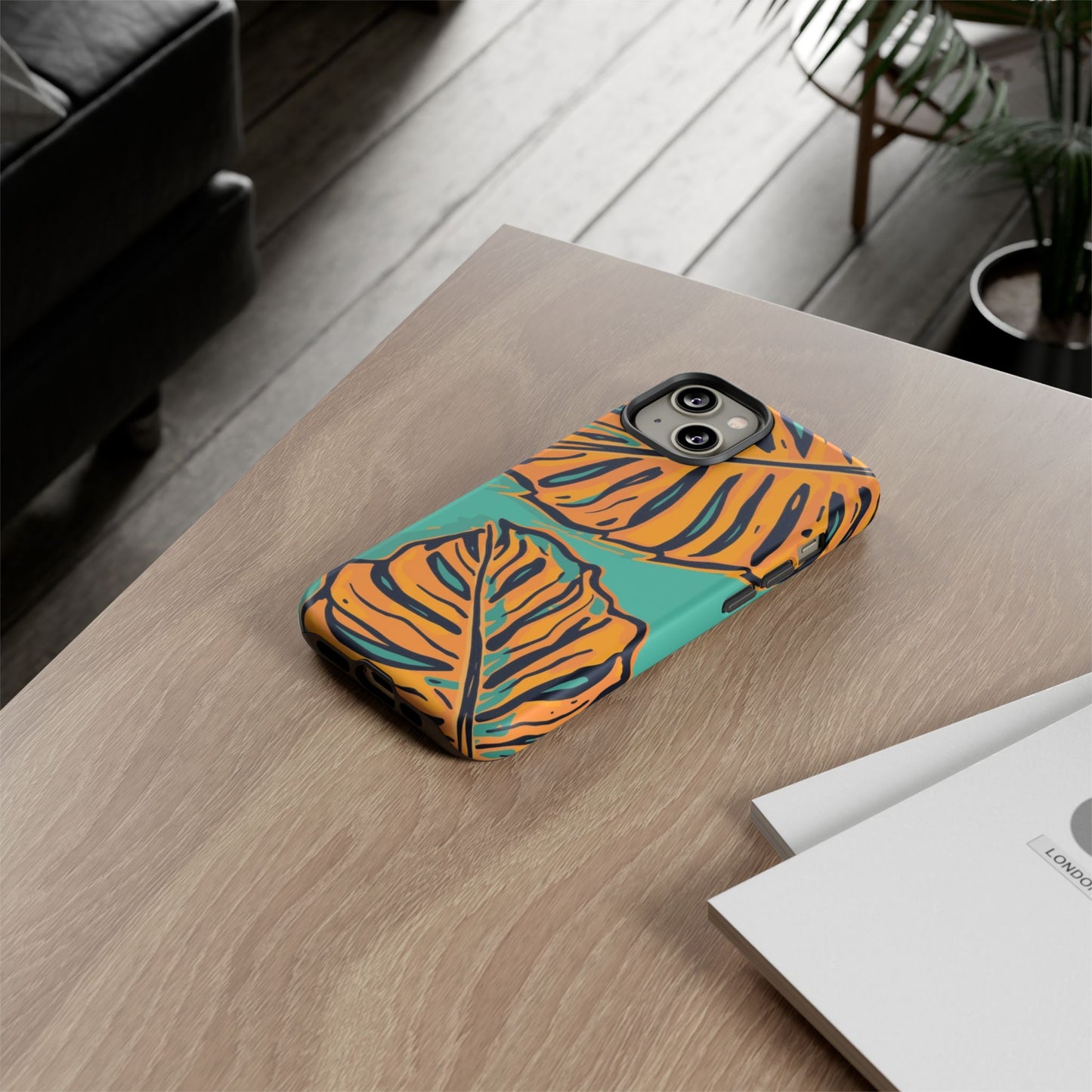 Tropical Leaf Tough Phone Case — Orange Monstera Design on Teal