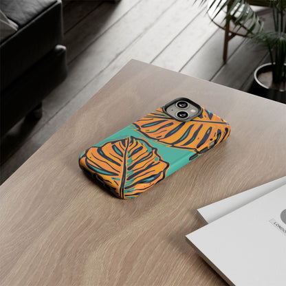 Tropical Leaf Tough Phone Case — Orange Monstera Design on Teal