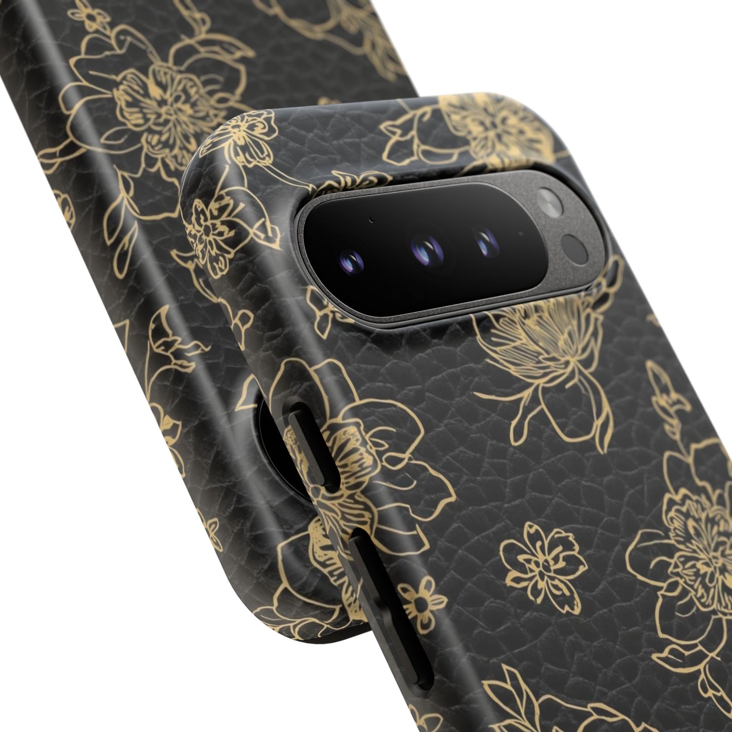 Floral Leather Phone Case — Gold Outline Flowers on Black Tough Case