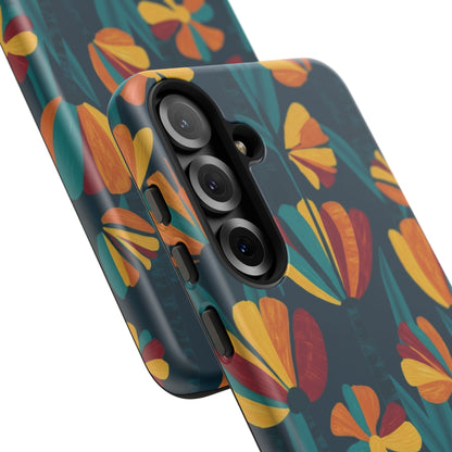 Floral Retro Teal Tough Phone Case — Vibrant Orange & Mustard Blooms