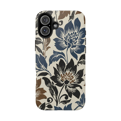 Floral Vintage Tough Phone Case — Blue & Brown Botanical Protection