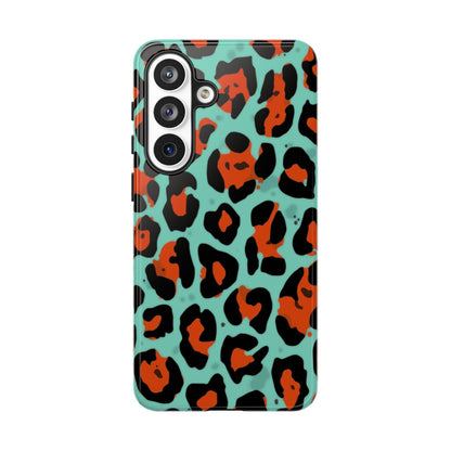 Leopard Print Tough Phone Case — Teal & Rust Protective iPhone Cover