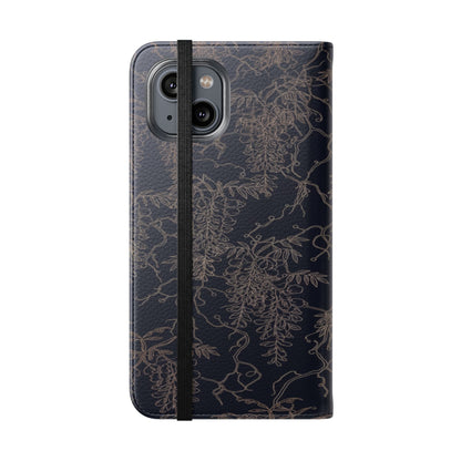 Botanical Noir Flip Phone Case — Dark Floral Wallet Cover with Card Slots