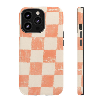 Peach Checkerboard Tough Phone Case — Retro Distressed Grid Design