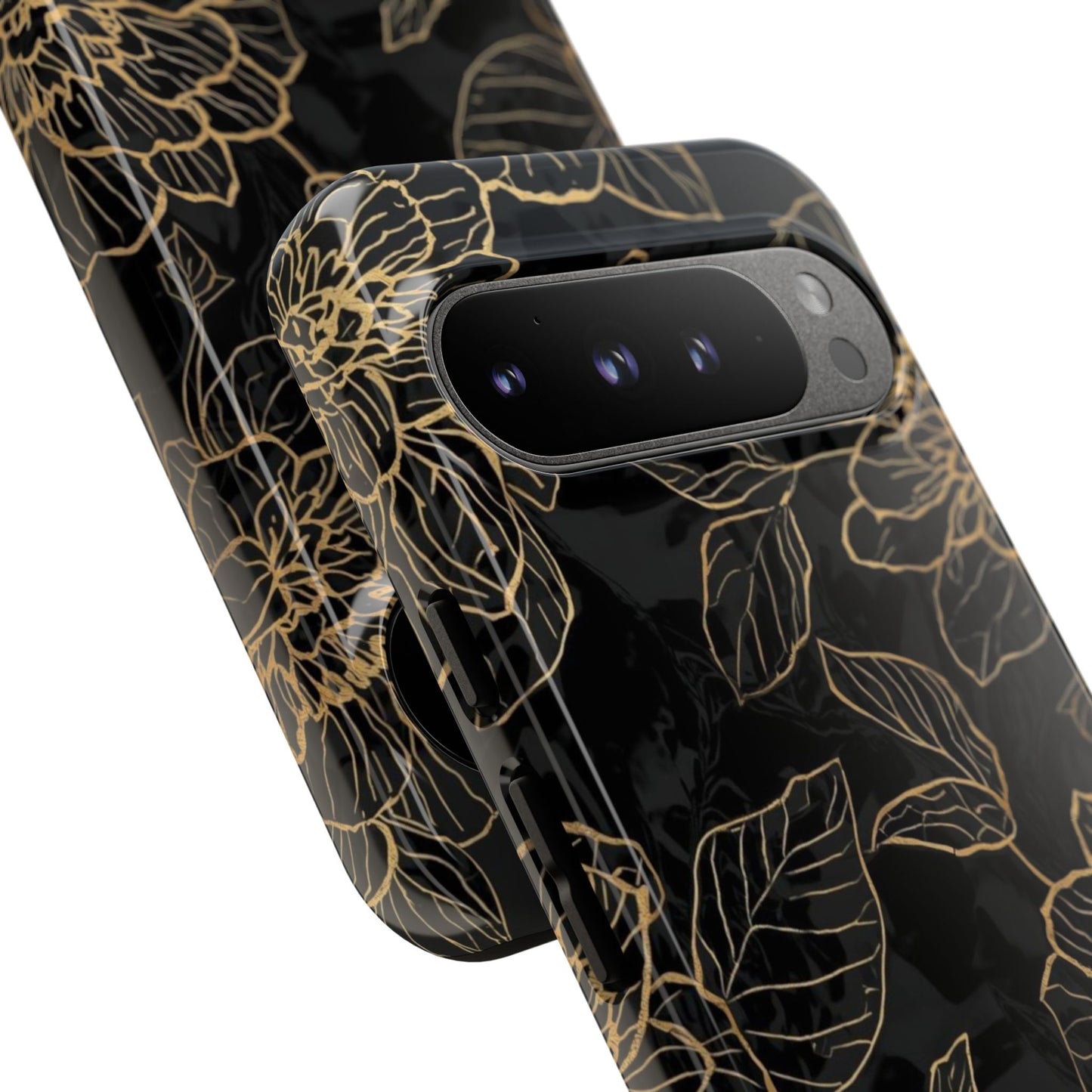 Floral Gold Outline Tough Phone Case – Black Botanical Protective Cover