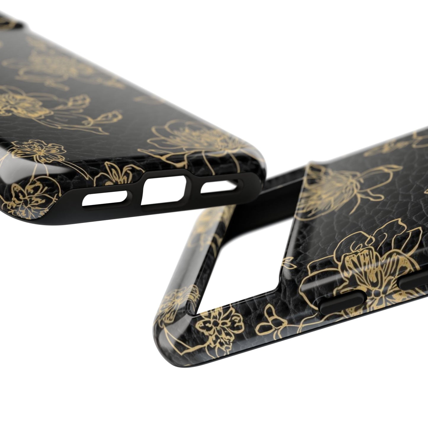 Floral Leather Phone Case — Gold Outline Flowers on Black Tough Case