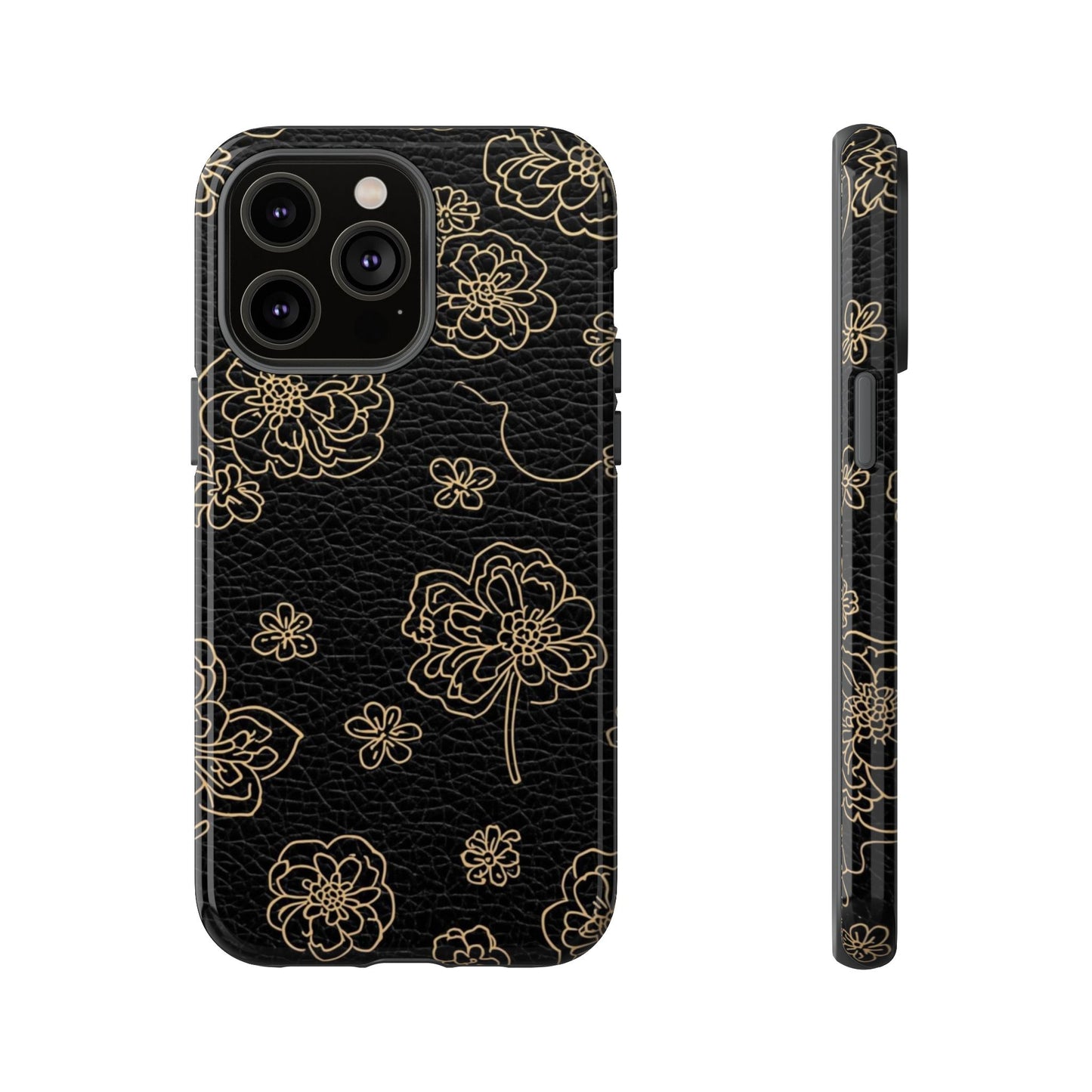 Floral Leather-Texture Tough Case – Black Gold Outline Phone Cover