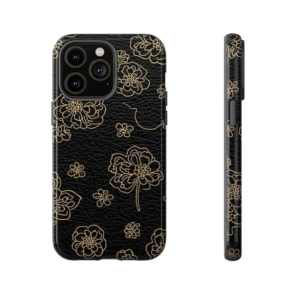 Floral Leather-Texture Tough Case – Black Gold Outline Phone Cover