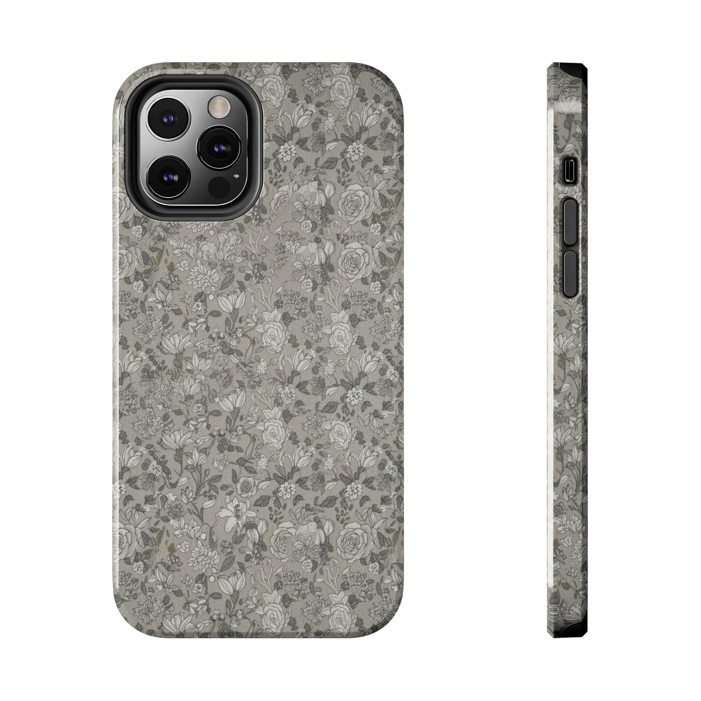 Gray Floral Tough Phone Case — Durable Protective Phone Cover with Vintage Botanical Pattern