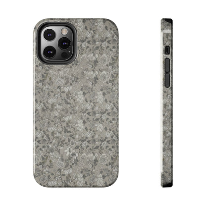 Gray Floral Tough Phone Case — Durable Protective Phone Cover with Vintage Botanical Pattern