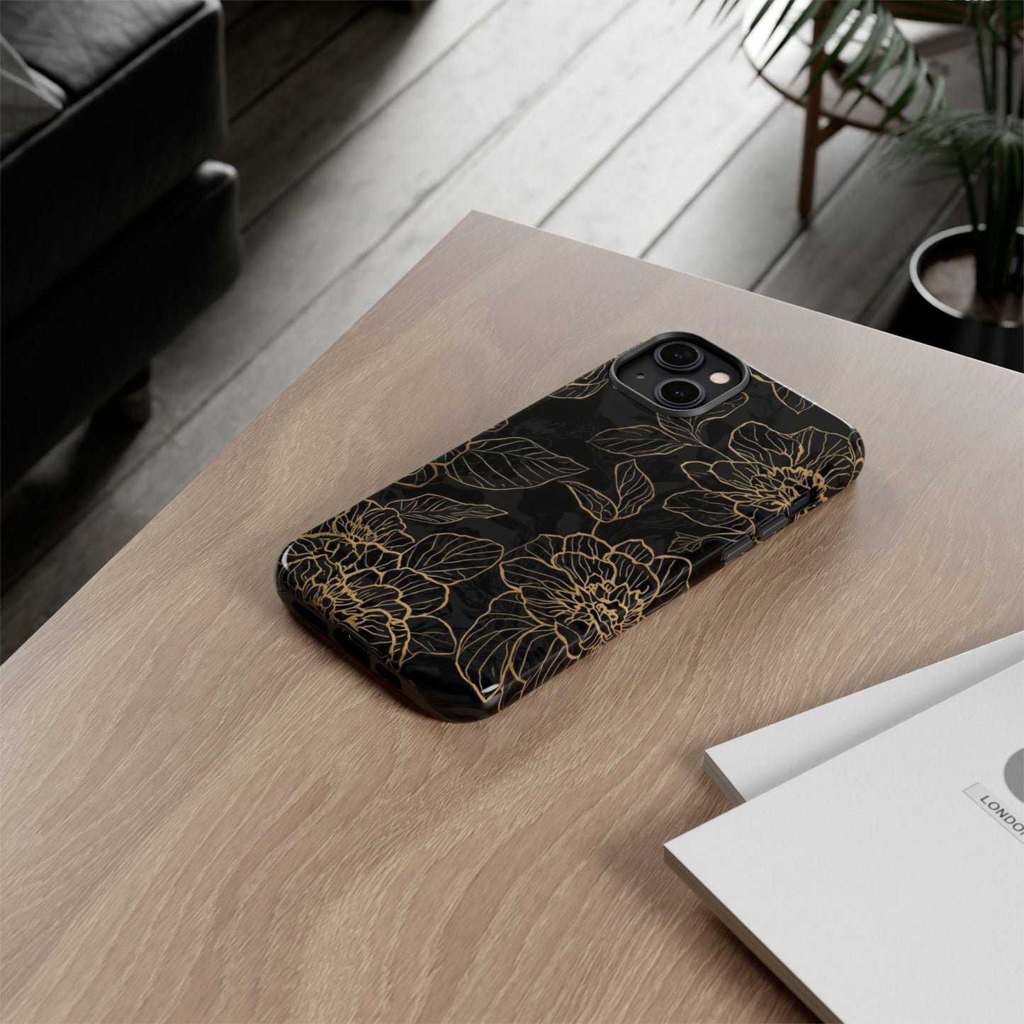 Floral Gold Outline Tough Phone Case – Black Botanical Protective Cover