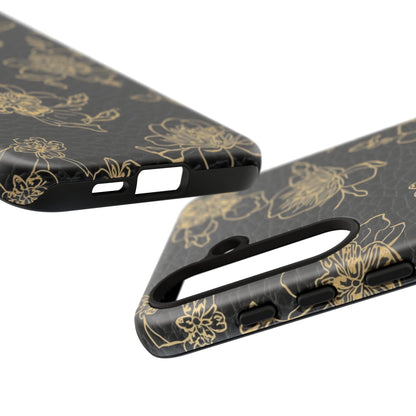 Floral Leather Phone Case — Gold Outline Flowers on Black Tough Case
