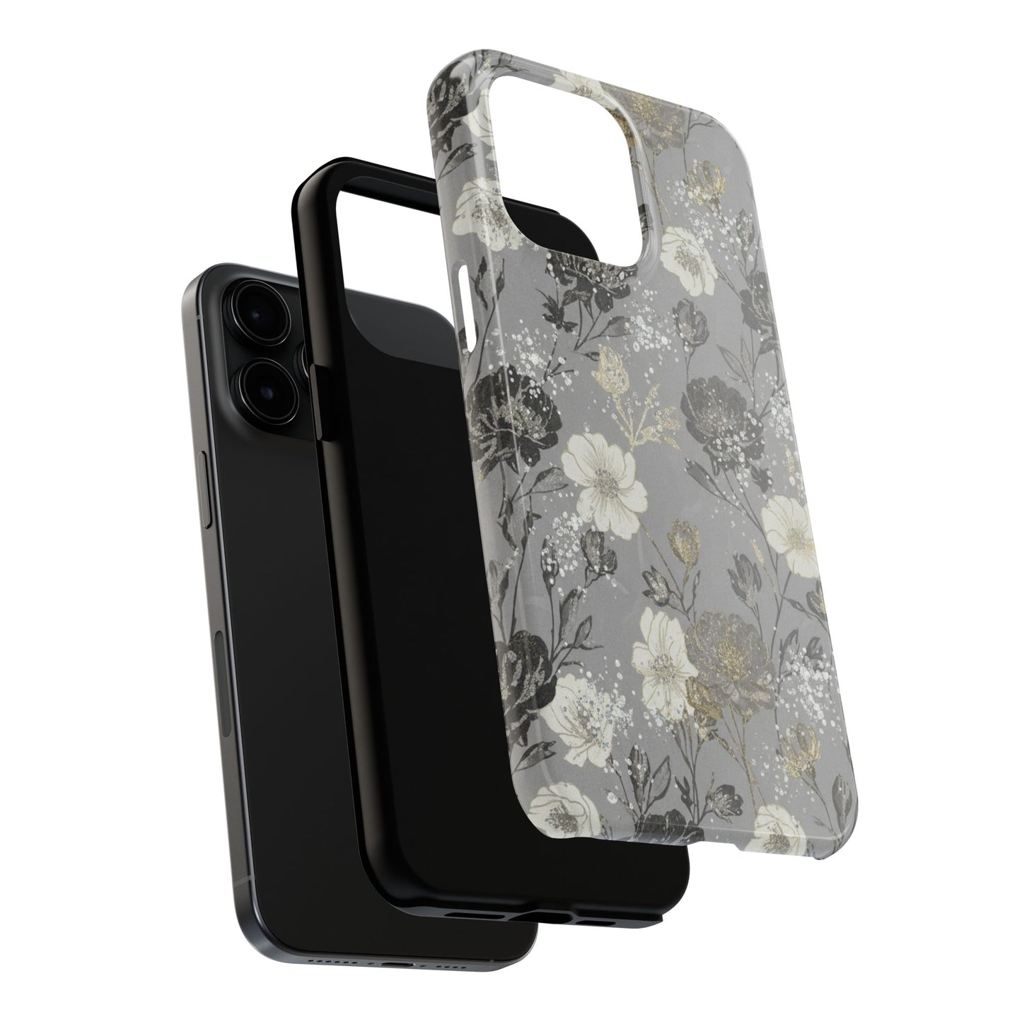 Floral Gray Tough Phone Case — Elegant Protective Phone Cover with Gold Accent