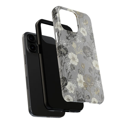 Floral Gray Tough Phone Case — Elegant Protective Phone Cover with Gold Accent