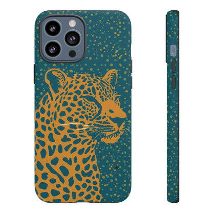 Leopard Print Tough Phone Case — Gold Panther on Teal, Protective iPhone Cover