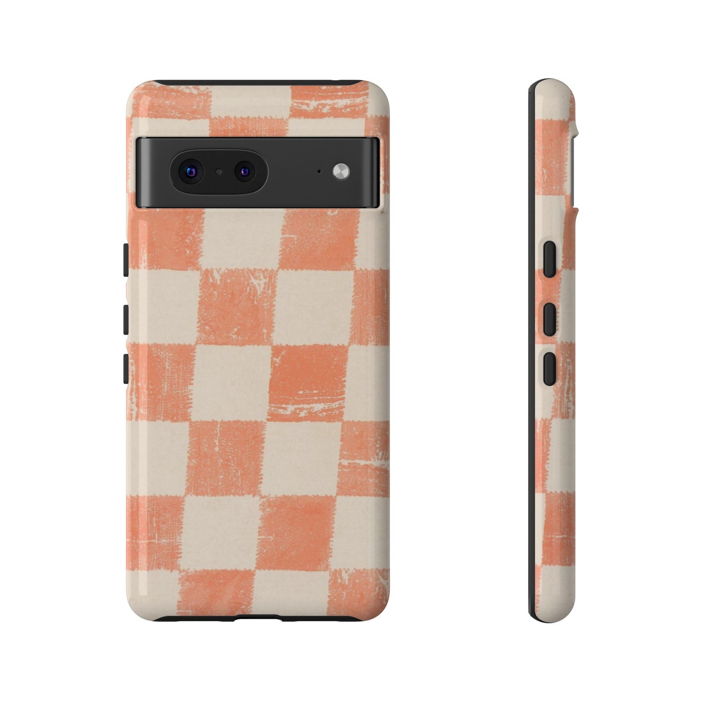 Peach Checkerboard Tough Phone Case — Retro Distressed Grid Design